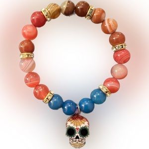 Sugar Skull multi-colored natural stone gem bead charm bracelet